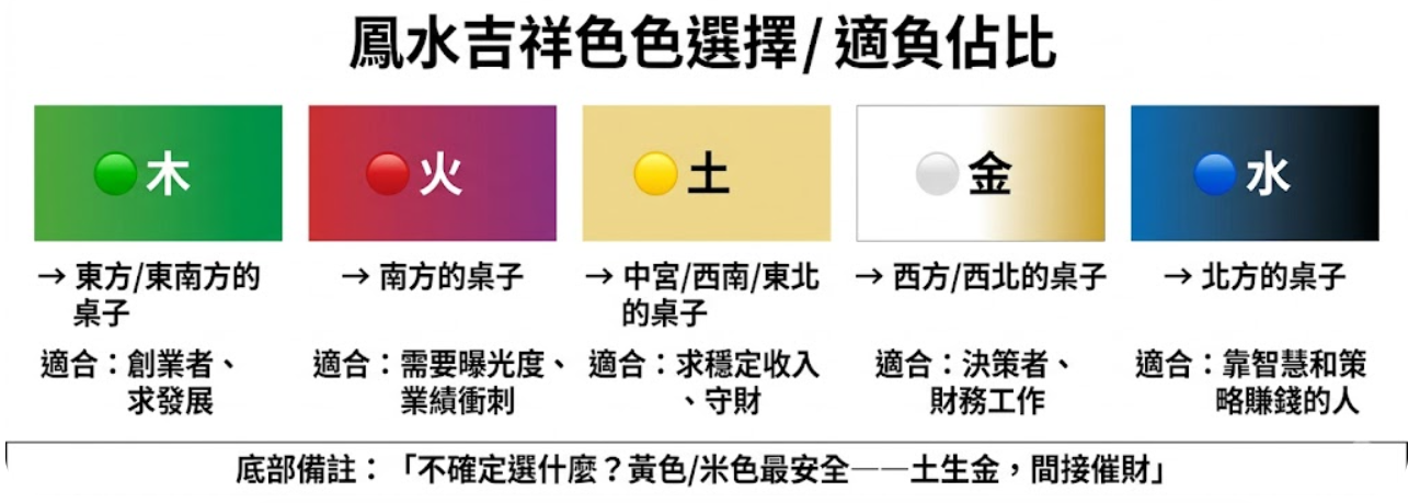 「風水吉祥色選擇」視覺化教學圖解。在進行辦公室或房間風水招財規劃時，這張圖表提供了最核心的五行色彩搭配邏輯。圖中詳列五大色系與對應的桌子方位及職業需求：綠色(木)在東/東南方，適合創業者；紅色(火)在南方，利於業績衝刺；黃色(土)在中宮/西南/東北，助於求穩定與守財；白金色(金)在西/西北，適合財務決策者；藍黑色(水)在北方，適合靠智慧賺錢的人。讀者可直接依此色彩邏輯來挑選桌面鋪設的招財桌布、牆壁掛置的招財風水畫或各類招財小物。若新手常苦惱對應五行的招財水晶有哪些，圖表底部也給出了極佳的萬用備註：「不確定選什麼？黃色/米色最安全——土生金，間接催財」，讓整體開運佈置有據可循。