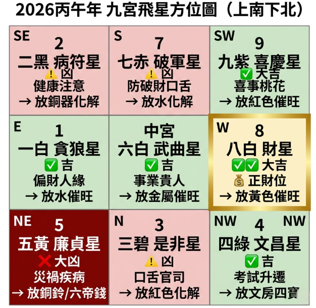 「2026丙午年九宮飛星方位圖(上南下北)」視覺化圖解。這張圖表是許多人規劃流年求財2026財位佈局的重要參考指南。圖中特別以金色醒目邊框標示出最重要的2026年財位(正財位)落在「正西方(W)」,由八白財星鎮守,評級為大吉,建議擺放黃色物品來催旺這個2026財位方向。除了財位,圖表也完整列出其他方位的吉凶與化解法:大凶的「五黃廉貞星」落在東北方(需放銅鈴或六帝錢化解);影響健康的凶星「二黑病符星」在東南方;代表喜事桃花的大吉「九紫喜慶星」在西南方;掌管偏財人緣的吉星「一白貪狼星」在正東方。透過此圖解,能快速掌握全年的方位運勢與實作對策。