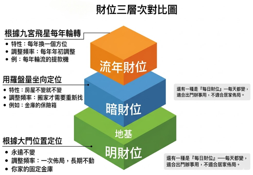 這是一張財位三層次對比圖的視覺化教學圖解，其功能宛如一張清晰的家中財點陣圖，能幫助初學者快速建立邏輯，搞懂居家財位怎麼看。圖表以立體方塊由下至上展示了三個層次的空間能量：最底層綠色作為地基的是「明財位」，根據大門位置定位，永遠不變（象徵家中的固定金庫）；中間層藍色是「暗財位」，需用羅盤量測房屋坐向來定位，只有搬家才需重新尋找（象徵金庫的保險箱）；最上層橘色則是「流年財位」，會根據九宮飛星每年輪轉，因此每年年初都需重新調整催旺的財位方向（象徵每年輪流的提款機）。此外，圖表右側特別備註了「每日財位」，提醒其每天都在變動，僅適合出門辦事參考，不適合用於居家的固定佈局。