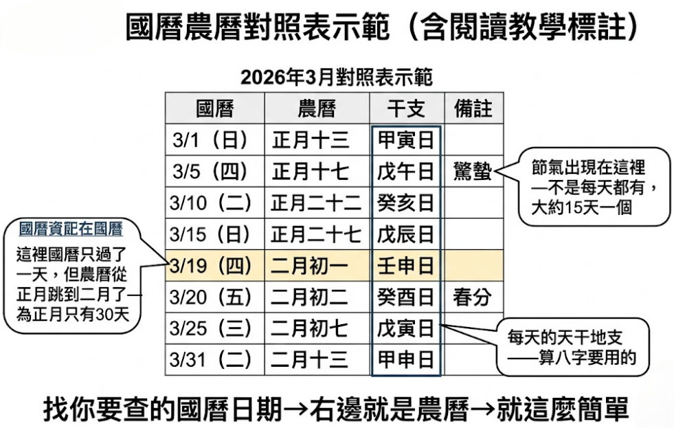 「國曆農曆對照表示範」的視覺化教學圖解。這張圖表以 2026 年 3 月為例，教導使用者如何利用這份國曆農曆雙用萬年曆輕鬆進行國曆轉農曆。畫面清晰列出國曆、農曆、干支與備註四大欄位，並透過對話框標註了三大查閱重點：首先在 3/19 處提醒「這裡國曆只過了一天，但農曆從正月跳到二月了—因為正月只有 30 天」，藉此解釋國曆換算農曆時的月份天數差異；其次在「驚蟄」旁標示節氣「不是每天都有，大約 15 天一個」；最後指出干支欄位是「算八字要用的」。圖表最下方總結了無腦查閱心法：「找你要查的國曆日期 → 右邊就是農曆 → 就這麼簡單」，幫助讀者零門檻掌握國曆農曆對照表的閱讀技巧。
