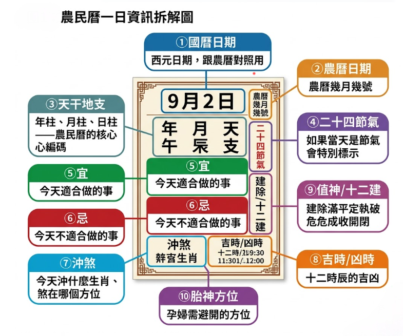 「農民曆一日資訊拆解圖」的視覺化教學圖解。這張圖表詳細解析了傳統日曆單日頁面上的 10 大核心區塊。畫面中央模擬了曆法的排版，四周以清晰的標籤說明各欄位意義：包含①國曆日期與②農曆日期的中西曆對照、③天干地支（曆法的核心編碼）、④二十四節氣的特別標示；以及日常最實用的⑤「宜」（適合做的事）與⑥「忌」（不適合做的事）。此外，圖表更進階標示了⑦「沖煞」（沖煞生肖與方位）、⑧十二時辰的「吉時/凶時」、⑨「值神/十二建」（建除滿平定執破危成收開閉等星神），以及⑩提醒孕婦需避開的「胎神方位」。透過此圖，新手也能輕鬆看懂版面上的各項專有名詞。