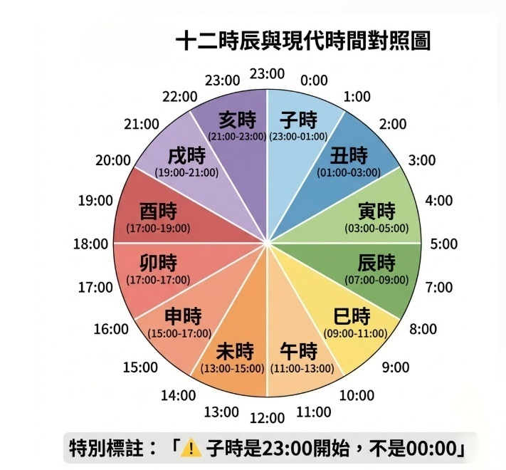 「十二時辰與現代時間對照圖」的視覺化教學圖解。在查閱吉凶資訊時，這張圓餅圖是精準換算農民曆時辰的實用工具。圖中將一天劃分為12個顏色區塊，詳細列出每個傳統時辰對應的現代24小時制：子時(23:00-01:00)、丑時(01:00-03:00)、寅時(03:00-05:00)、卯時(05:00-07:00)、辰時(07:00-09:00)、巳時(09:00-11:00)、午時(11:00-13:00)、未時(13:00-15:00)、申時(15:00-17:00)、酉時(17:00-19:00)、戌時(19:00-21:00)、亥時(21:00-23:00)。考量到農民曆臺灣的慣用曆法規則，圖表最下方特別加上了醒目的警告標註：「⚠️子時是23:00開始，不是00:00」，幫助使用者在對照線上農民曆或每日農民曆時，避開最容易犯的跨日起算錯誤。