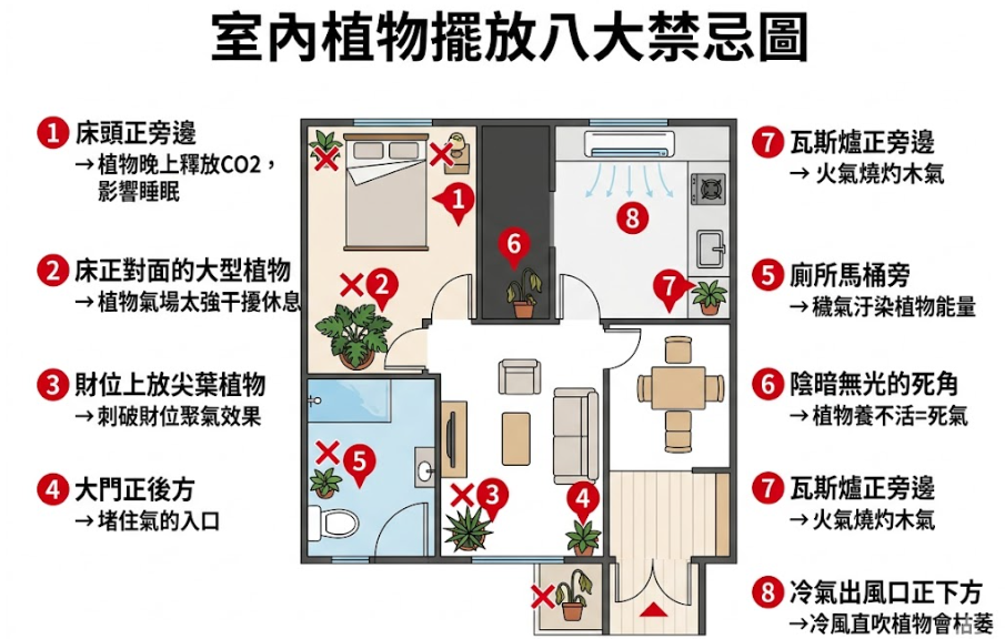 「室內植物擺放八大禁忌圖」視覺化教學圖解。在規劃綠植時，多數人常把重心放在光線充足的陽臺植物風水，卻忽略了室內盆栽的致命誤區。這張平面圖清楚標示了 8 個應避開的地雷區：①床頭正旁邊（夜間釋放CO2影響睡眠）；②床正對面的大型植物（氣場太強干擾休息）；③財位上放尖葉植物（這是仙人掌風水最常犯的錯誤，會刺破聚氣效果）；④大門正後方（會堵住氣的入口）；⑤廁所馬桶旁（穢氣會污染植物能量，即使是耐陰植物也應避開此黃金葛風水禁忌）；⑥陰暗無光的死角（植物養不活等於死氣，這也是常見的開運竹禁忌，易導致葉片枯黃）；⑦瓦斯爐正旁邊（火氣會燒灼木氣）；⑧冷氣出風口正下方（冷風直吹會使植物枯萎）。