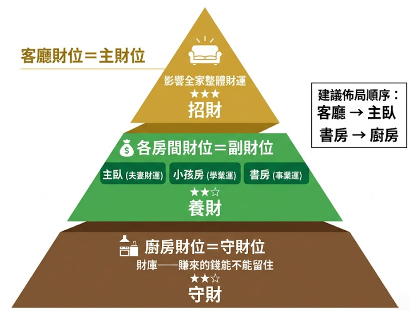 「家中財位金字塔層級圖」的視覺化教學圖解。這張圖清晰地劃分了家裡財位的三大層級與功能：最上層金色區塊是作為主財位的「客廳財位」，具備最高的三顆星重要性，負責「招財」並影響全家整體財運（這也是為何多數風水新手最關心客廳財位放什麼的原因）；中間綠色區塊是作為副財位的「各房間財位」，負責「養財」，並細分為主臥（影響夫妻財運）、小孩房（影響學業運）與書房（影響事業運）；最底層棕色區塊則是作為守財位的「廚房財位」，代表財庫，決定賺來的錢能否留住。圖表右側特別備註了實用的建議佈局順序：客廳 → 主臥 → 書房 → 廚房。