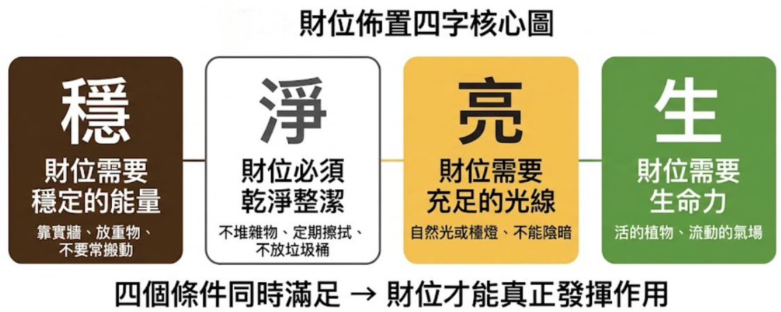 財位佈置四字核心圖視覺化教學圖解。這張圖表清晰列出了讓財位發揮作用的四個必備條件：第一個是棕色區塊的「穩」，強調財位需要穩定的能量，建議靠實牆並放置重物，這也是為什麼在進行財位櫃子選擇時，應挑選穩固厚重的財位櫃且避免經常搬動；第二個是白色區塊的「淨」，提醒財位必須乾淨整潔，不可堆放雜物或垃圾桶；第三個是黃色區塊的「亮」，指出該區域需要充足的自然光或檯燈照明，絕對不能陰暗；第四個是綠色區塊的「生」，直接解答了新手常問的「財位放什麼」的疑惑，建議擺放活的植物來增添生命力與流動的氣場。圖表最下方總結核心觀念：這四個條件同時滿足，財位才能真正發揮作用。