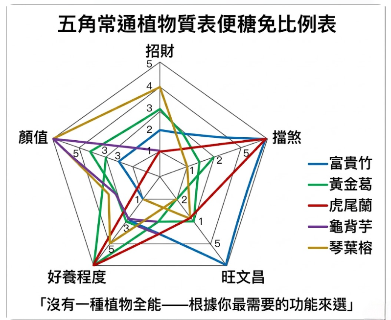 這是一張「招財植物推薦快參卡（室內水培/土培）」教學圖解。在規劃綠植時，若您因應黃金葛風水考慮耐陰性，或因應虎尾蘭風水追求空氣淨化，圖表最下方的紅旗警告提醒：這類帶刺植物主要用於擋煞，不適合招財佈局。同樣地，相較於追求時尚感但需小心照顧的琴葉榕風水，或追求氣派但體量較大的龜背芋風水，這張卡特別推薦了「富貴竹（開運竹）」作為萬用招財首選。圖中給予其最高評級（⭐⭐⭐⭐⭐），並詳列其寓意「節節高升」，以及三種應用情境：放在客廳財位（招財）、書房/辦公室（旺事業學業）、店面收銀台（開運）。最後也提醒「宜常青、忌枯黃」的養護原則。