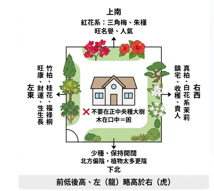 「庭院植物方位佈局圖解」。許多人在規劃居家綠植時，常將焦點放在室內的金錢樹風水、發財樹風水、銅錢草風水，或是用來擋煞的龍血樹風水，卻容易忽略庭院與建築外部的植栽方位能量。這張圖清楚標示了庭院四周的吉凶配置：左側東方適合種植桂花、福祿桐或運用竹柏風水，能旺健康與財運；右側西方適合真柏風水佈局或白花系茉莉，主鎮宅與招貴人；上方南方適合三角梅等紅花系以旺人氣；下方北方則應少種植、保持開闊以防陰氣過重。圖中央特別警告「不要在正中央種大樹」，以免形成木在口中的「困」字格局；底部則註明了「前低後高、左（龍）略高於右（虎）」的整體高度配置原則。