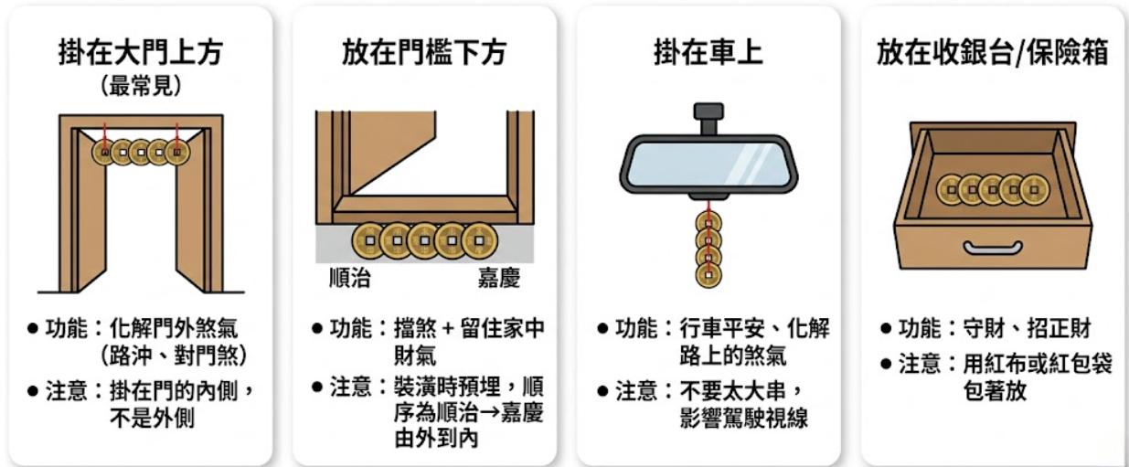 這是一張「五帝錢常見擺放與化煞功能」的教學圖解。在規劃居家風水法器時，許多人常會關注龍龜的作用、招財貓擺放位置，或是小心避開聚寶盆擺放禁忌以確保正確的聚寶盆擺放；然而，這張圖表特別聚焦於應用極廣的「五帝錢」，並詳細列出四種正確用法：第一是「掛在大門上方（最常見）」，需掛在門內側而非外側，用以化解路沖或對門煞；第二是「放在門檻下方」，建議裝潢時預埋（順序為順治到嘉慶由外到內），可擋煞並留住家中財氣；第三是「掛在車上」，能保行車平安與化解路煞，但注意不可太大串以免影響駕駛視線；第四是「放在收銀台/保險箱」，建議用紅布或紅包袋包著放，具備守財與招正財的功能。
