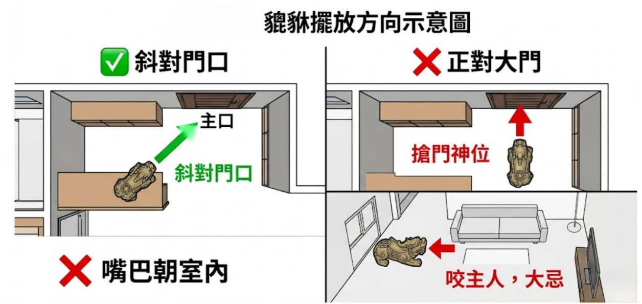 「貔貅擺放方向示意圖」視覺化教學圖解。為了有效發揮招財的貔貅功效，這張平面圖清楚標示了正確與錯誤的貔貅擺放方式。左側打綠勾的正確示範為「斜對門口」，讓貔貅能朝外咬財；並標註錯誤示範「嘴巴朝室內」，以免將財氣吐出。右側則圖解了兩大嚴重的貔貅禁忌：一是不可「正對大門」，圖中標示這會引發「搶門神位」的衝突；二是絕對不可將神獸的頭朝向客廳沙發等活人常坐臥的區域，圖中特別警告這會導致「咬主人，大忌」。透過此圖可幫助讀者快速避開地雷，正確安放招財神獸。