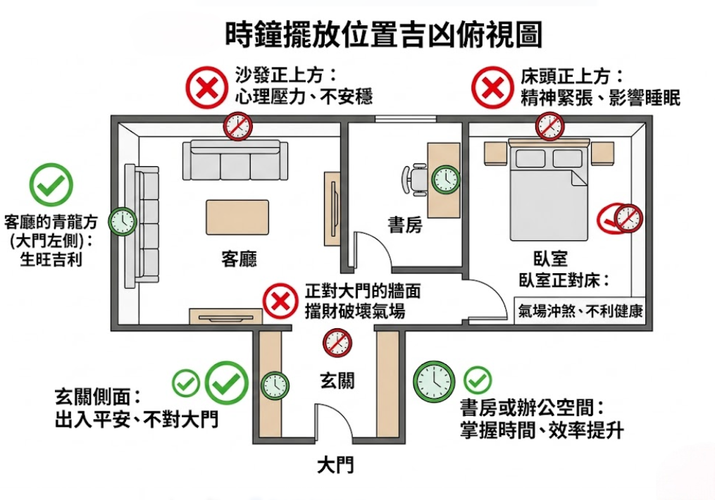 「時鐘擺放位置吉凶俯視圖」視覺化圖解。在居家規劃時，多數人常把重心放在鏡子風水或養魚風水（如挑選合適的風水魚），卻容易忽略時鐘風水對日常氣場的影響。這張平面圖清晰標示了時鐘擺放的吉凶點位：打綠勾的吉位包含客廳左側（青龍方，生旺吉利）、玄關側面（出入平安）以及書房空間。相對地，打紅叉的禁忌位置包含沙發正上方、正對大門的牆面（易擋財破壞氣場），以及臥室裡的床頭正上方和正對床鋪的牆面（會導致精神緊張與氣場沖煞）。若臥室有看時間的需求，建議結合床頭櫃風水的原則，將小型鬧鐘安放於圖中床鋪兩側的床頭櫃上，以維持安穩的睡眠品質。