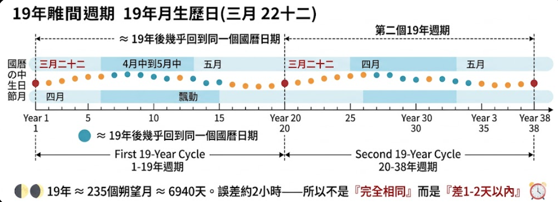 「19年曆法週期與生日重合示意圖」的視覺化圖解。這張時間軸圖表完美解釋了為何會發生國曆農曆生日同一天的特殊現象。圖中畫出了兩個連續的 19 年週期（First & Second 19-Year Cycle），並以波浪狀的點分佈顯示農曆生日在國曆月份中飄動的軌跡。圖表週期的首尾兩端以紅點特別標示出「≈19年後幾乎回到同一個國曆日期」。最底部則以科學數據補充了農曆生日換算的底層規律：「19年 ≈ 235個朔望月 ≈ 6940天」，並精準提醒讀者，由於存在約 2 小時的天文誤差，所以這種週期重逢「不是『完全相同』而是『差1-2天以內』」。這張圖表能幫助讀者秒懂為何每隔 19 歲，雙曆生日就會再次相遇。