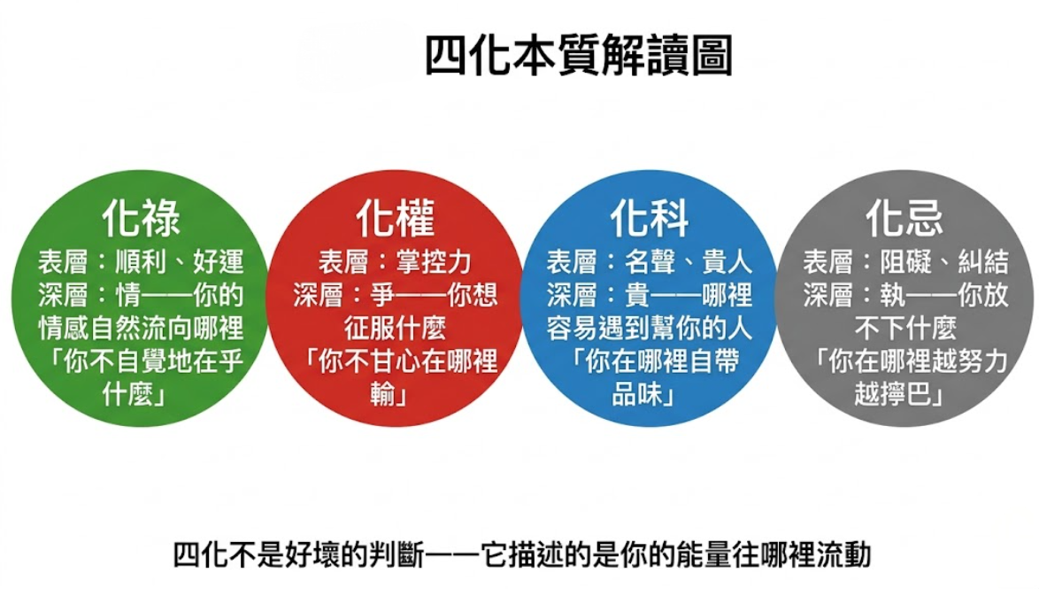 「四化本質解讀圖」的視覺化教學圖表。畫面以現代 SaaS 數據圖表風格，透過綠、紅、藍、灰四個鮮明色塊，精準解析紫微斗數核心的動態能量表深層意義：綠色「化祿」代表順利與情感流向（你不自覺地在乎什麼）、紅色「化權」代表掌控力（你不甘心在哪裡輸）、藍色「化科」代表名聲與貴人（你在哪裡自帶品味），以及灰色「化忌」代表阻礙與糾結（你在哪裡越努力越擰巴）。圖表底部特別標註核心提示：「四化不是好壞的判斷——它描述的是你的能量往哪裡流動」。此圖表是深入剖析個人核心特質，以及評估雙方能量交互作用時的絕佳參考工具。