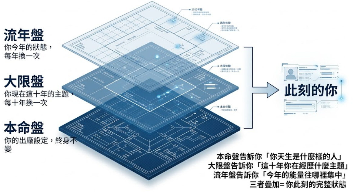 採用高對比度工程藍圖風格繪製的 3D 動態架構資訊圖。畫面將系統運算模型拆解為三層半透明面板：底層深藍色為「本命盤」（出廠設定，終身不變）；中層為「大限盤」（現在這十年的主題，每十年換一次）；頂層淺藍色為「流年盤」（你今年的狀態，每年換一次）。三層面板的數據線最終匯聚至右側帶有現代化 SaaS 介面風格的個人數據卡片，標示為「此刻的你」。圖表下方明確總結了底層邏輯：「本命盤告訴你『你天生是什麼樣的人』，大限盤告訴你『這十年你在經歷什麼主題』，流年盤告訴你『今年的能量往哪裡集中』，三者疊加 = 你此刻的完整狀態」。這是一張幫助使用者建立清晰空間維度，並精準解讀紫微鬥數流年與2024流年運勢的視覺化指南。