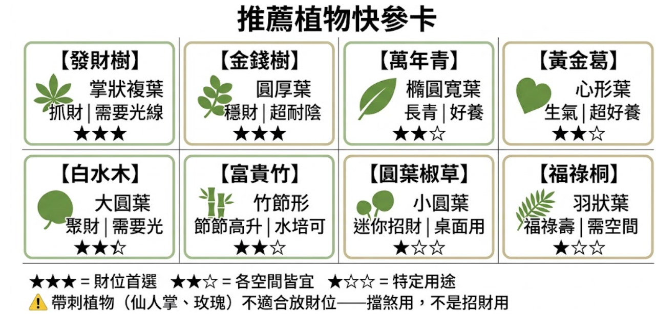 「推薦植物快參卡」視覺化圖解。在規劃居家聚財風水時，許多人常猶豫要養什麼魚招財、挑選哪種招財魚，甚至考慮養烏龜招財；但活體水景佈置門檻較高且方位禁忌多，相比之下，擺放招財植物是最安全且普及的開運法。這張圖表精準列出了 8 款常見招財樹與綠植的挑選指南：獲評三顆星（財位首選）的包含掌狀複葉能「抓財」的發財樹、圓厚葉且耐陰的金錢樹、大圓葉能聚財的白水木、節節高升的富貴竹，以及具備福祿壽寓意的福祿桐。另外還列出了萬年青、黃金葛與適合桌面的圓葉椒草供不同空間使用。圖表最下方特別標註紅旗警告：帶刺植物（如仙人掌、玫瑰）主要用於擋煞，絕對不適合用來招財或放於財位。