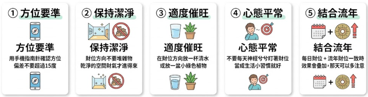 「財位佈局5大要訣」視覺化圖解。許多人查了農民曆找出今日財神方位後卻不知如何運用，這張圖表提供了完整的實作指南。無論您是要催旺正財還是尋找今日偏財方向，都應遵循這五個步驟：①「方位要準」，用手機指南針確認今天財位，偏差不超過15度；②「保持潔淨」，財位方向不可堆雜物；③「適度催旺」，可在此處放一杯清水或小盆綠色植物；④「心態平常」，當成生活習慣，不過度神經兮兮；⑤「結合流年」，當今日財位與流年財位重疊時效果會疊加，可特別留意。這張圖能幫助讀者將抽象的方位理論轉化為具體的日常佈局動作。
