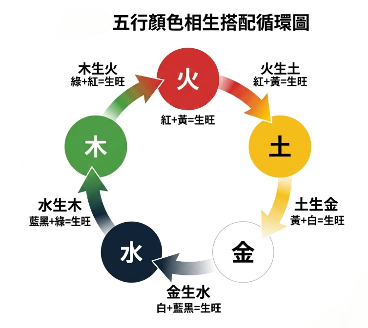 「五行顏色相生搭配循環圖」視覺化圖解。這張圖表直觀地展示了風水五行顏色的核心相生邏輯。圖中以順時針漸層箭頭呈現五大元素的相生循環與生旺配色公式：綠色的木生紅色的火（綠+紅=生旺）、火生黃色的土（紅+黃=生旺）、土生白色的金（黃+白=生旺）、金生深藍/黑色的水（白+藍黑=生旺），最後水再生木。這套色彩風水的底層原理應用極為廣泛，大至建築物的外牆顏色風水吉凶佈局與室內裝潢，小至個人的日常穿搭；甚至在推算電話號碼風水時，許多人也會根據號碼所對應的五行，挑選相生顏色的手機殼來輔助催旺運勢。掌握此圖解，就能將五行相生原理靈活運用於日常生活中。
