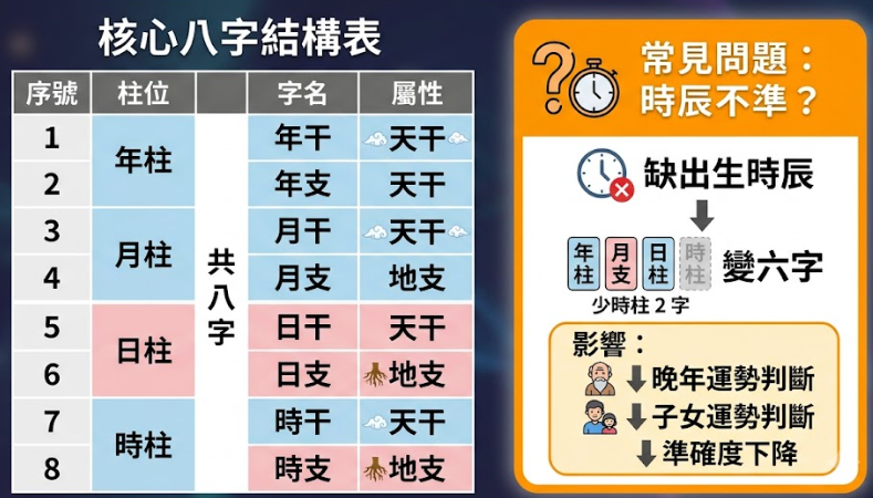 生辰八字是哪八字結構表是一套針對時間元數據不確定性進行降噪與風險控制的專業診斷系統。本圖表平行展示八字元完整屬性矩陣與少時柱變六字對晚年、子女運勢的影響。以生命數據科學視角破除迷信渲染。