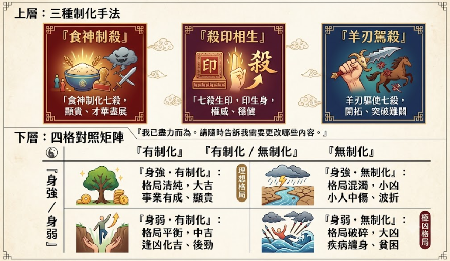 七殺格制化矩陣是一套將個體能量飽和度(身強身弱)與外部干預手法(有制化、無制化)進行交叉交算與風險控制的動態導航系統。本圖表嚴謹展示上層三種手法與下層四格對照面板。以生命數據科學視角建立精確交付標準。
