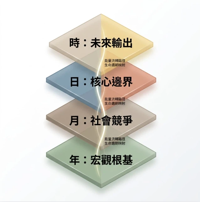 命理練功館是一款將八字四柱轉化為分層時間序列與行為矩陣的專業分析系統。本圖表嚴謹展示宏觀根基、社會競爭、核心邊界與未來輸出之垂直疊層傳導路徑。以生命數據科學視角徹底破除迷信渲染,為您建立精確的評估標準,提供最具邏輯依據的導航模型。