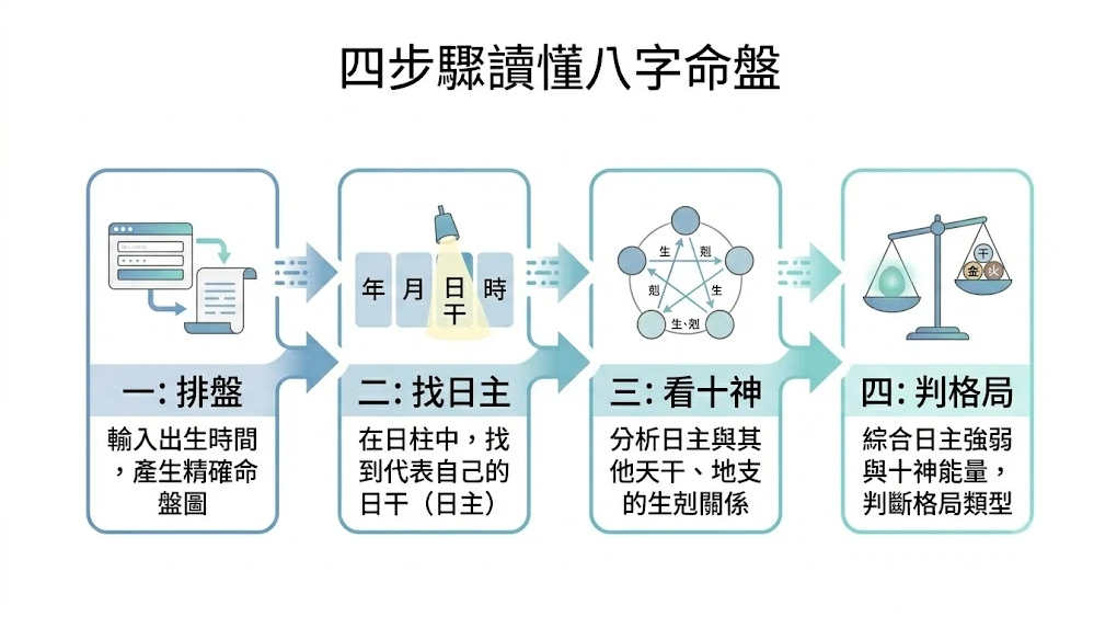 八字命盤解析工作流是一套將非結構化時間數據還原為標準化商業與行為決策路徑的四步驟流程圖。本圖表嚴謹展示輸入時間、定位日主、分析生克與判斷強弱格局的階梯鏈路。以生命數據科學視角建立精確交付標準。