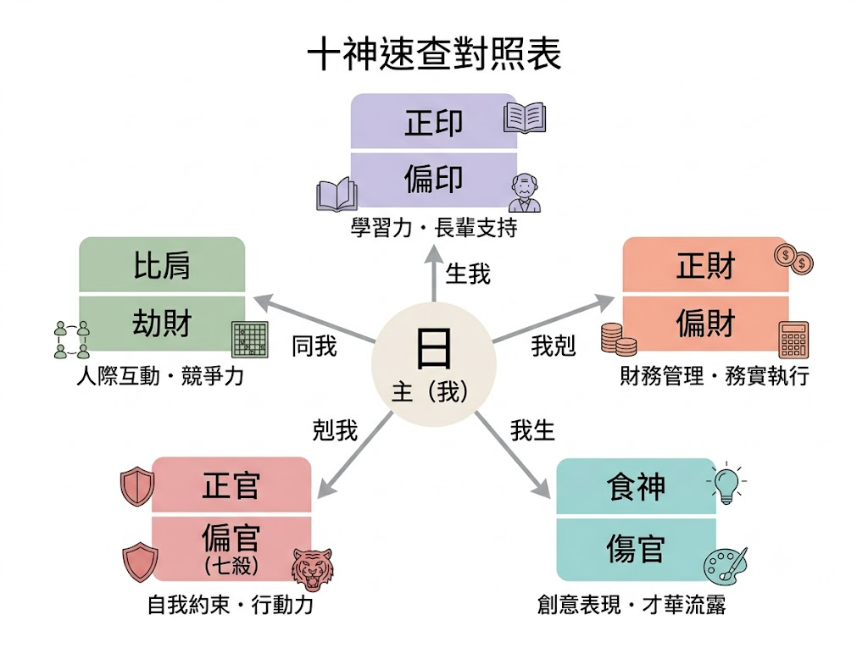 八字命盤解析十神系統是一套將主體與環境之生剋波譜轉化為多維行為學參數的專業決策支持系統。本圖表嚴謹展示中央日主座標對五大十神機能卡片的分流路徑。以生命數據科學視角破除迷信渲染，建立精確交付標準。