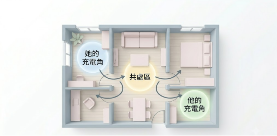 八字不合的實戰最優化落地在於通過物理空間隔離實施人際能量場的防守與降噪。本圖表嚴謹展示住宅平面圖中由多向發散箭頭互聯的兩側充電角與中央共處區版圖。以生命數據科學視角建立精確的後天改運指南。