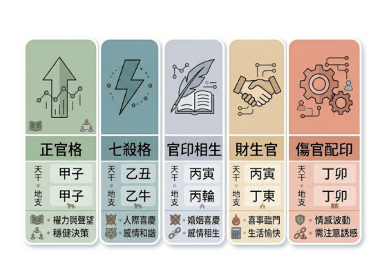 免費八字看官運格局分類是一套決定個體在組織內管理風格與權力天花板的矩陣速查表。本圖表平行展示五組核心十神組合面板的干支插槽與行為特徵標籤。以生命數據科學視角破除混淆盲區,建立精確適配標準。