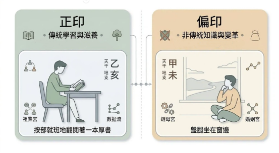 偏印意思與正印的本質區別在於獲取資訊的通道與心智防禦機制不同。本圖表平行展示正印按部就班翻閱厚書面板與偏印盤腿坐窗邊沉思卡片。以生命數據科學視角破除迷信渲染,建立精確交付標準。