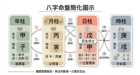 八字可以改嗎的內核在於盤面字元間的動態制衡。本圖表嚴謹展示年柱甲子、月柱丙寅、日柱戊申與時柱庚戌之間的生、剋、合、沖非線性交叉傳導網路。以生命數據科學視角建立精確的生克判定標準。