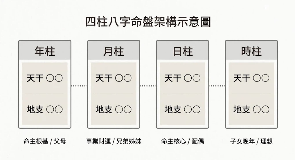 八字基因四柱架構是一套將出生時間進行分層編碼與行為範疇映射的專業分析系統。本圖表嚴謹展示年月日時之天干地支並行控制面板與社會心理變數分流路徑。以生命數據科學視角建立精確適配與查詢標準。