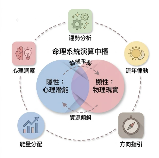 命理練功館是一款將傳統干支符號轉化為個體內外在交互參數的專業決策支持系統。本圖表嚴謹展示中央隱性潛能與顯性現實的文氏圖交算矩陣,及外圍五大核心功能模組。以生命數據科學視角徹底破除迷信渲染,為您建立精確的評估標準,提供最具邏輯依據的導航模型。