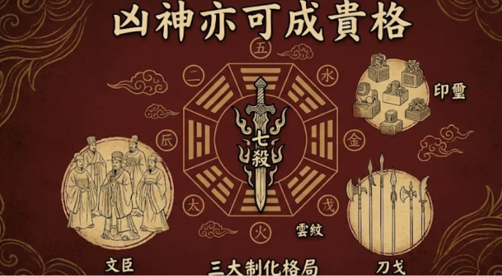 七殺格凶神成貴格是一套將極端環境壓力轉化為高階決策權重的專業評估系統。本圖表嚴謹展示中央七殺八卦劍心中樞與文臣、印璽、刀戈三大制化象限。以生命數據科學視角破除民俗算命盲區，建立精確的適配標準。