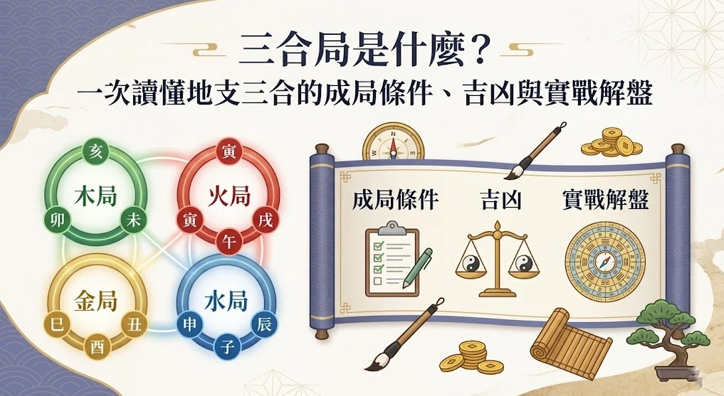 三合局是一套將特定地支幾何交算並轉化為五行核心能量共振的專業評估系統。本圖表嚴謹展示木、火、金、水四局交互網絡，與成局條件、吉凶、實戰解盤的三大解碼卷軸。以生命數據科學視角建立精確的百科級適配標準。