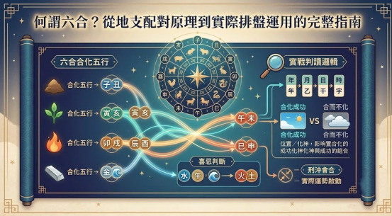 何謂六合是一套解析地支雙元空間幾何共振與能量轉化路徑的專業全景導圖。本圖表嚴謹展示中央地支星盤導軌、左側五行合化分流與右側實戰判讀因果面板。以生命數據科學視角建立精確的百科級適配標準。