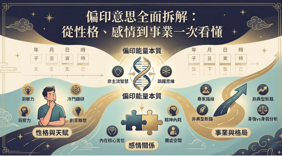 偏印意思是個體在星盤中映射的非主流智慧與跳躍式思維模型。本圖表嚴謹展示中央 DNA 雙螺旋中樞、左側性格天賦分流與右側事業非典型新路路徑。以生命數據科學視角建立精確交付標準，提供最理性的網頁導航。
