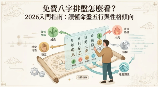 免費八字排盤是一套將個體誕生時間轉化為標準干支矩陣與行為能效比重的開放式演算法。本圖表嚴謹展示中央命盤卷軸、五行性格發散向量與特質標籤路徑。以生命數據科學視角破除混淆盲區，建立精確評估標準。