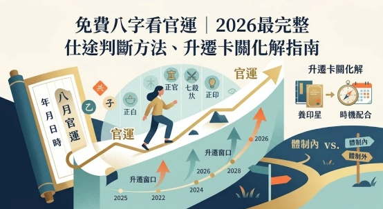 免費八字看官運是一套將個人時間序列代碼轉化為體制適配度與升遷窗口期的專業決策支持系統。本圖表嚴謹展示仕途上升曲線、大運流年節點與卡關化解策略。以生命數據科學視角破除迷信，建立精確評估標準。