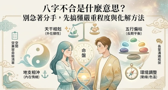 八字不合是一套將雙主體時空代碼摩擦轉化為可視化心理邊界與空間降噪策略的專業決策儀錶板。本圖表嚴謹展現男女對視關係、三維不合指標與環境調整策略。以生命數據科學視角建立精確交付標準。