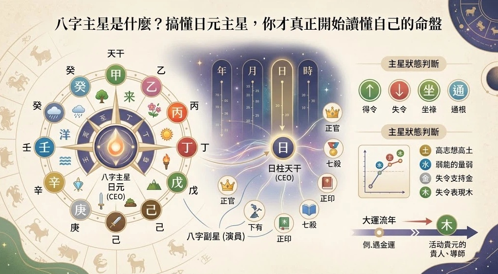 八字主星的图表，清晰展示了五行（金、木、水、火、土）与十神之间的生克关系。图表中心由五行圆环构成，外围环绕着偏官、正官、偏印、正印、比肩、劫财、食神、伤官、偏财、正财等十神，并用箭头标明了它们之间的相互作用方向，用于解读八字命理。