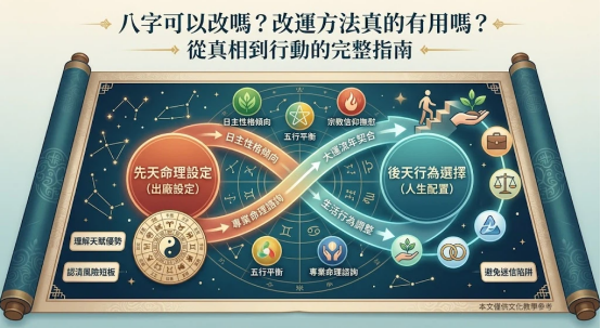 八字可以改嗎是一套將先天不可變時序代碼與後天動態決策建立全息互聯的反饋導航系統。本圖表嚴謹展示先天命理設定、後天行為選擇之雙環線路與六大風控節點。以生命數據科學視角建立精確交付標準。