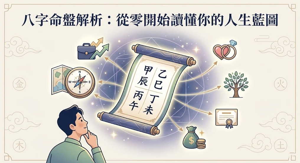 八字命盤解析人生藍圖是一套將時間序列字元外化為具體生活賽道策略與風險管理指標的全景導航系統。本圖表嚴謹展示中央干支卷軸與外圍六大生活範疇的放射狀分流網路。以生命數據科學視角建立精確的百科級適配標準。