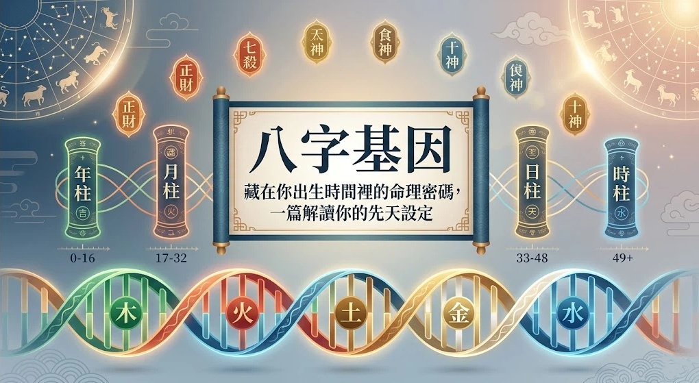 八字基因全景演算是一套將時間序列與易學代碼高度整合為生物特徵隱喻的專業決策支持系統。本圖表嚴謹展示中央解讀卷軸、十神控制星芒與底部五行DNA雙螺旋傳導網路。以生命數據科學視角建立精確的百科級適配標準。