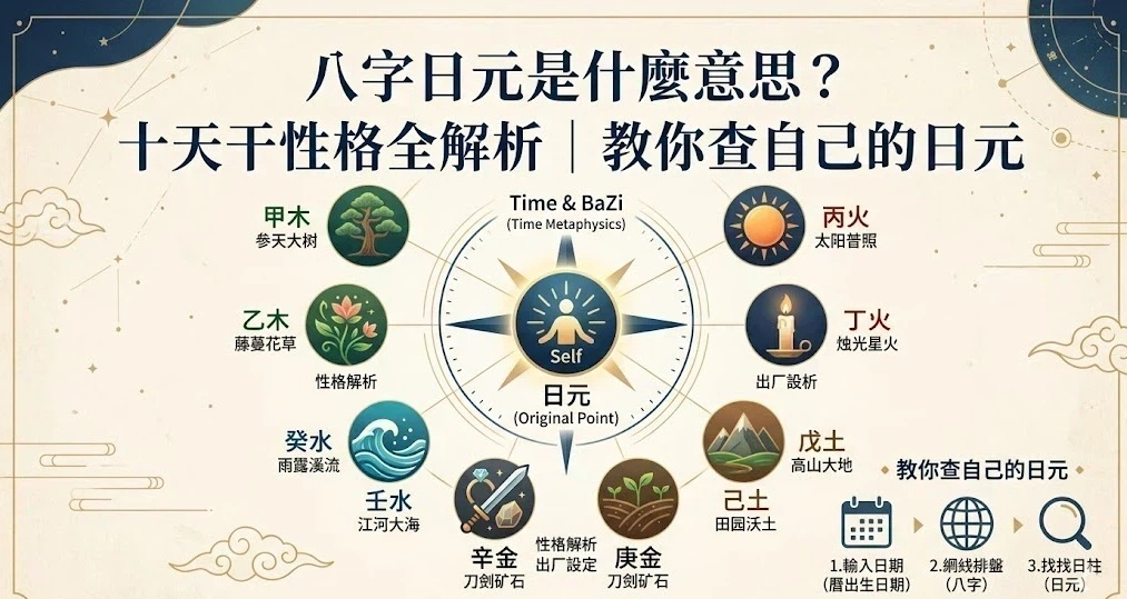 本圖表嚴謹展示中央自我座標、外圍十天干物理特質徽章與三階查詢工作流路徑。以生命數據科學視角破除混淆盲區，建立精確評估標準。