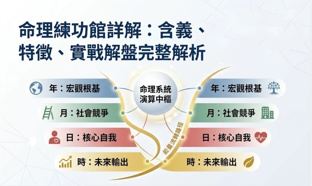 命理練功館是一款將八字四柱轉化為雙軌對稱特徵與行為矩陣的專業分析系統。本圖表嚴謹展示中央演算中樞、能量流轉路徑與年月日時之雙向解碼維度。以生命數據科學視角徹底破除迷信渲染，為您建立精確的實戰解盤標準，提供最具邏輯依據的導航模型。
