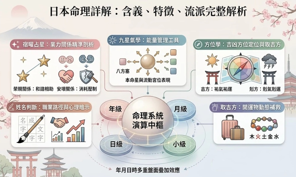 日本命理是一套將時間序列、空間幾何與心理矩陣進行高度整合的專業決策支持系統。本圖表嚴謹展示中央演算中樞與五大核心流派功能卡片的分流路徑。以生命數據科學視角徹底破除迷信渲染，為您建立精確的實戰解盤標準，提供最具邏輯依據的日本命理導航模型。