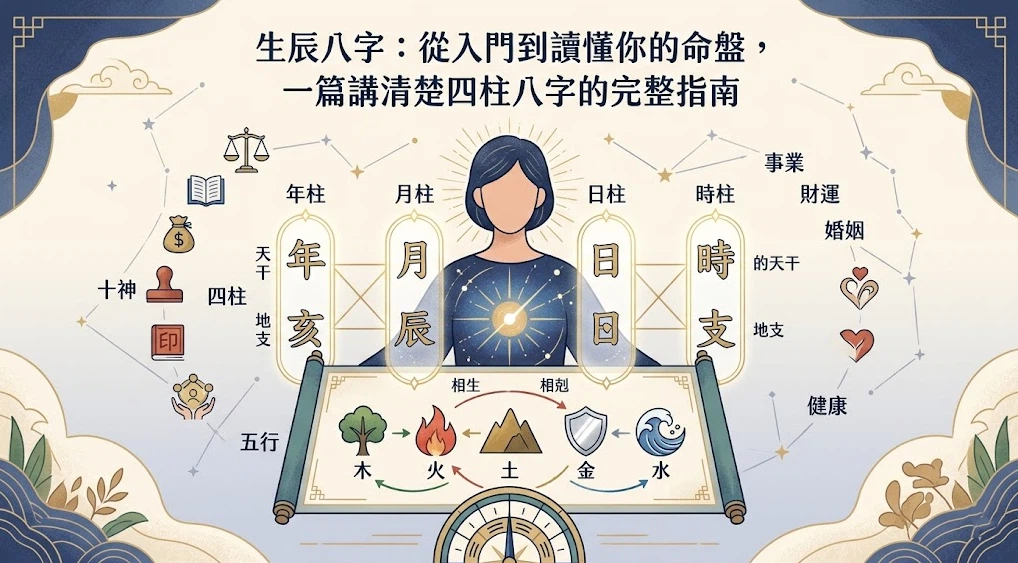 生辰八字全景演算是一套將時間序列、空間幾何與心理矩陣高度整合的專業決策支持系統。本圖表嚴謹展示中央人物命盤、底層五行生剋卷軸與十神、生活範疇的分流網路。以生命數據科學視角建立精確的百科級適配標準。