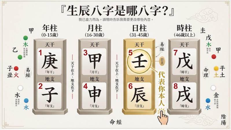 生辰八字是哪八字四柱排列是一套將出生時間轉化為垂直雙軌代碼與生命節點的專業分析系統。本圖表嚴謹展示年月日時共八個字元的標準序列與日主核心控制點。以生命數據科學視角建立精確的百科級適配標準。
