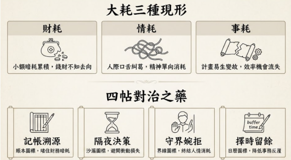 元辰八字行為風控是一套針對生活暗耗進行定性識別與提供階梯式自適應防禦解決方案的專業對照圖。本圖表平行展示大耗三種現形卡片與下方四帖對治之藥行為面板。以生命數據科學視角建立誠信交付標準。