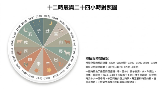 這是一幅簡約現代設計的「十二地支」時辰對照圖。左側為圓形十二等分色塊盤,每個扇形區域將子、丑、寅等十二地支、生肖小插圖以及現代24小時制區間一一對齊;右側則配有詳細的時辰與時間文字解說,方便快速檢索。