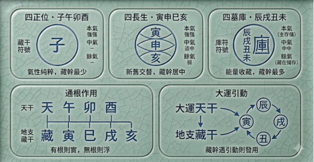 這是一幅青瓷紋理背景的「地支藏幹」結構解析圖。上半部三分法展示四正位（氣性純粹，藏幹最少）、四長生（新舊交替，藏幹居中）與四墓庫（能量收藏，藏幹最多）的本氣、中氣與餘氣差異；下半部展示天干透出與地支藏幹的「通根作用」（有根則實，無根則浮），以及大運天干引動藏幹發用的運轉邏輯。